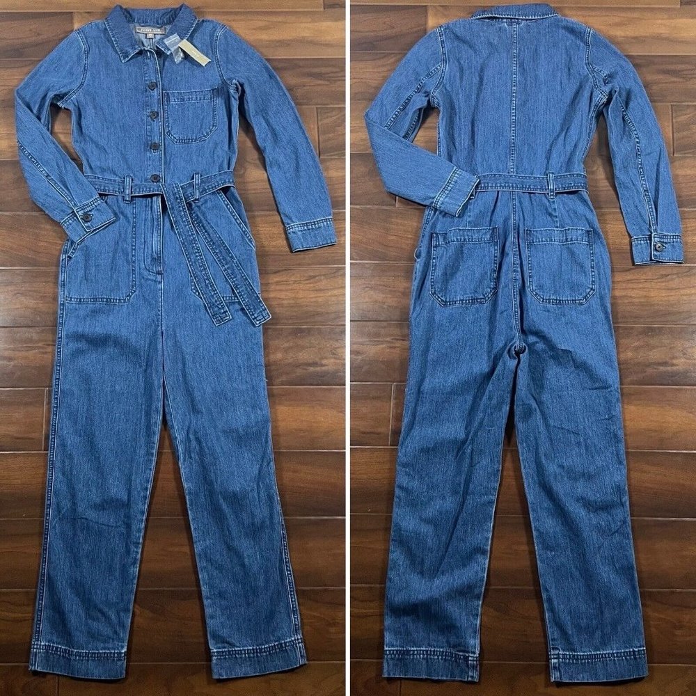 J Crew Point Sur Size 00 Blue Belted Tie Denim Pant Jumpsuit M0576